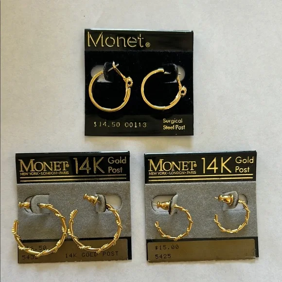 Vtg Monet 14K Gold Hoop Earrings Set - Picture 1 of 5